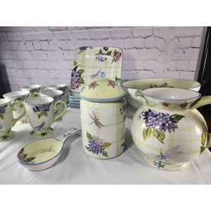 16pc ZRIKE  Hydrangea Dragonfly Dishes Plates, Mugs, Canister, Spoon Rest, Bowl